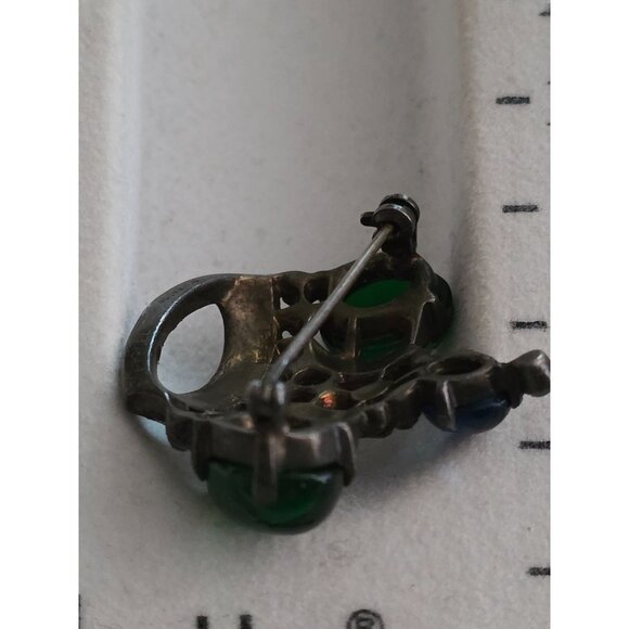 Trifari Alfred Phillippe Sterling Silver Crown Brooch Green Cabochons Rhinestone - Picture 7 of 8